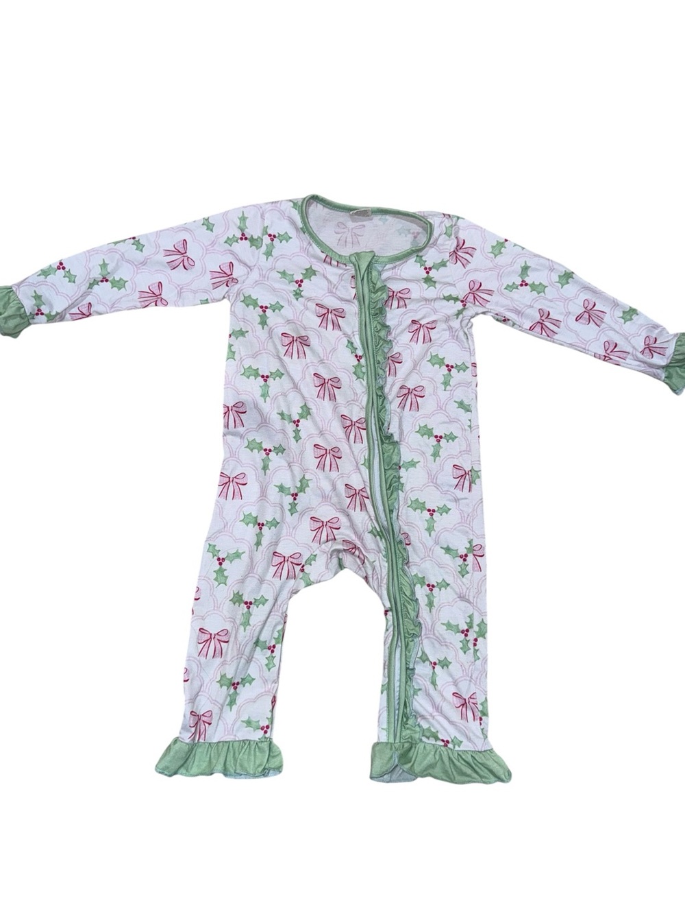 Girls Green Holiday Bow Ruffle One-Piece Romper bamboo pajamas
